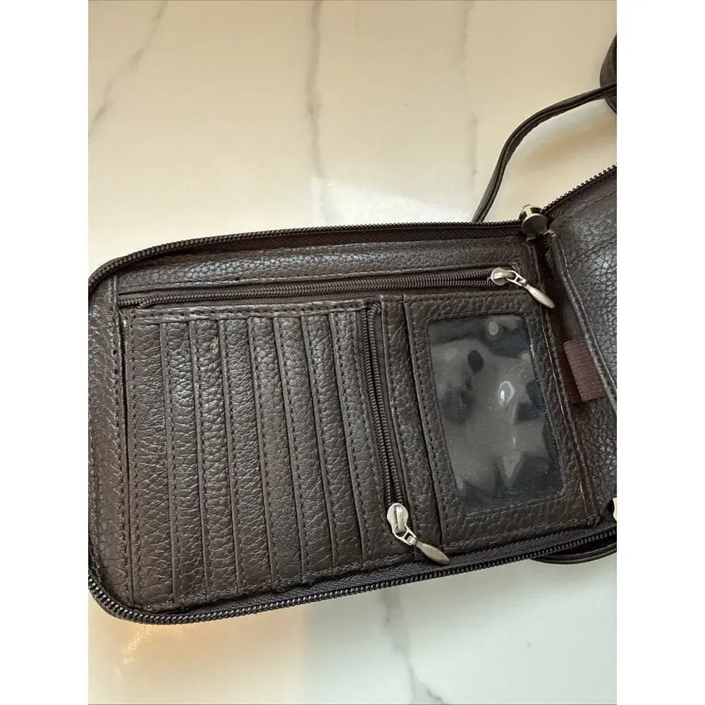 Eddie Bauer Pebbled Brown Leather Crossbody Wallet Bi-fold Passport Men Travel